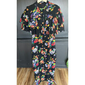 Vintage Ann Tobias Black Floral Ruffle Dress Size 8